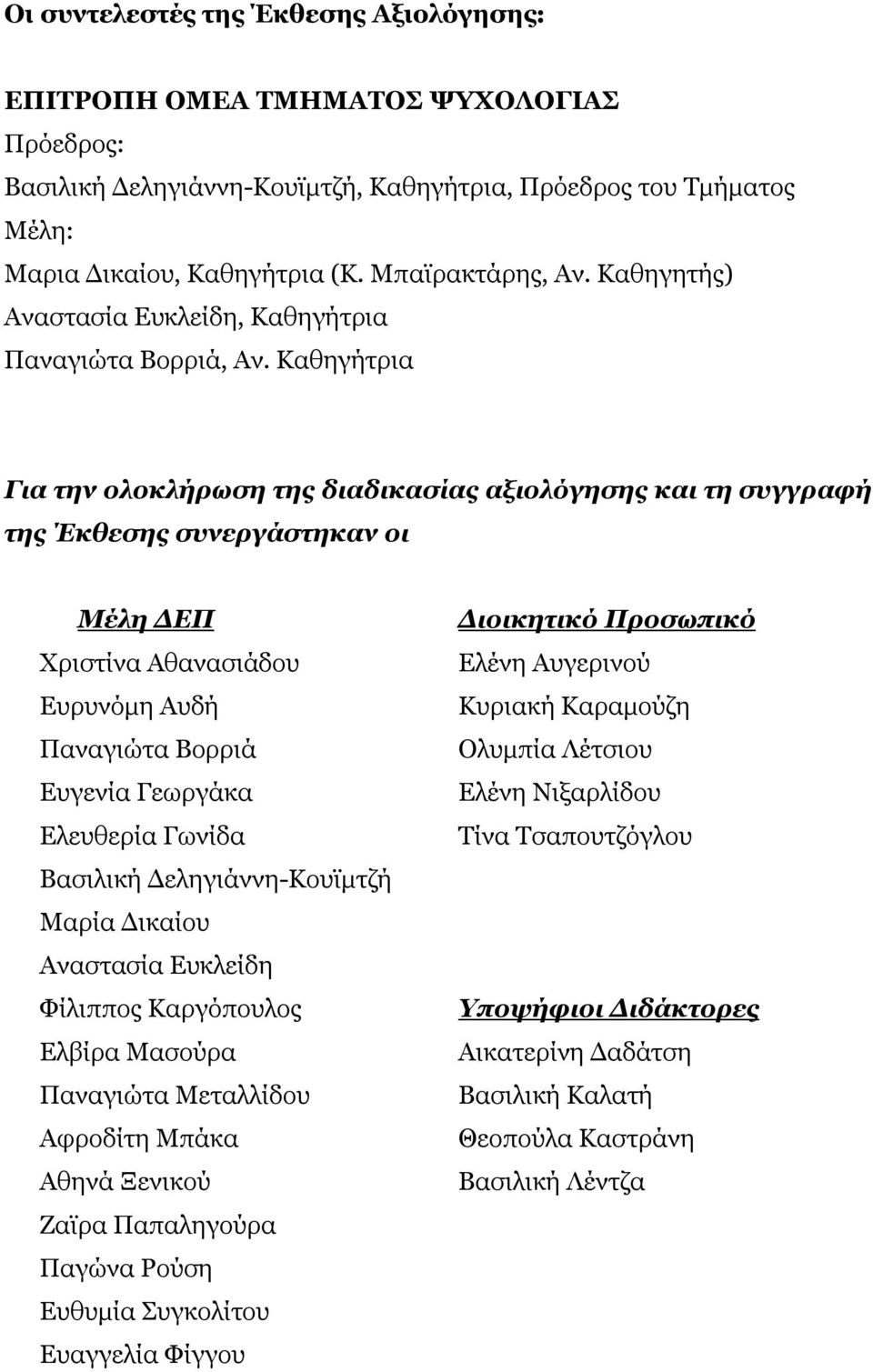 Καθηγήτρια Για την ολοκλήρωση της διαδικασίας αξιολόγησης και τη συγγραφή της Έκθεσης συνεργάστηκαν οι Μέλη ΔΕΠ Χριστίνα Αθανασιάδου Ευρυνόμη Αυδή Παναγιώτα Βορριά Ευγενία Γεωργάκα Ελευθερία Γωνίδα