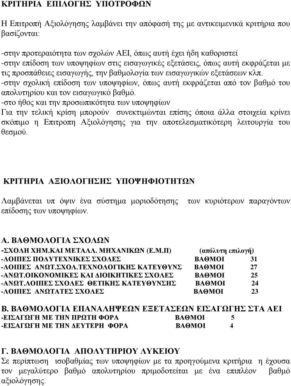 -στην σχολική επίδοση των υποψηφίων, όπως αυτή εκφράζεται από τον βαθμό του απολυτηρίου και τον εισαγωγικό βαθμό.