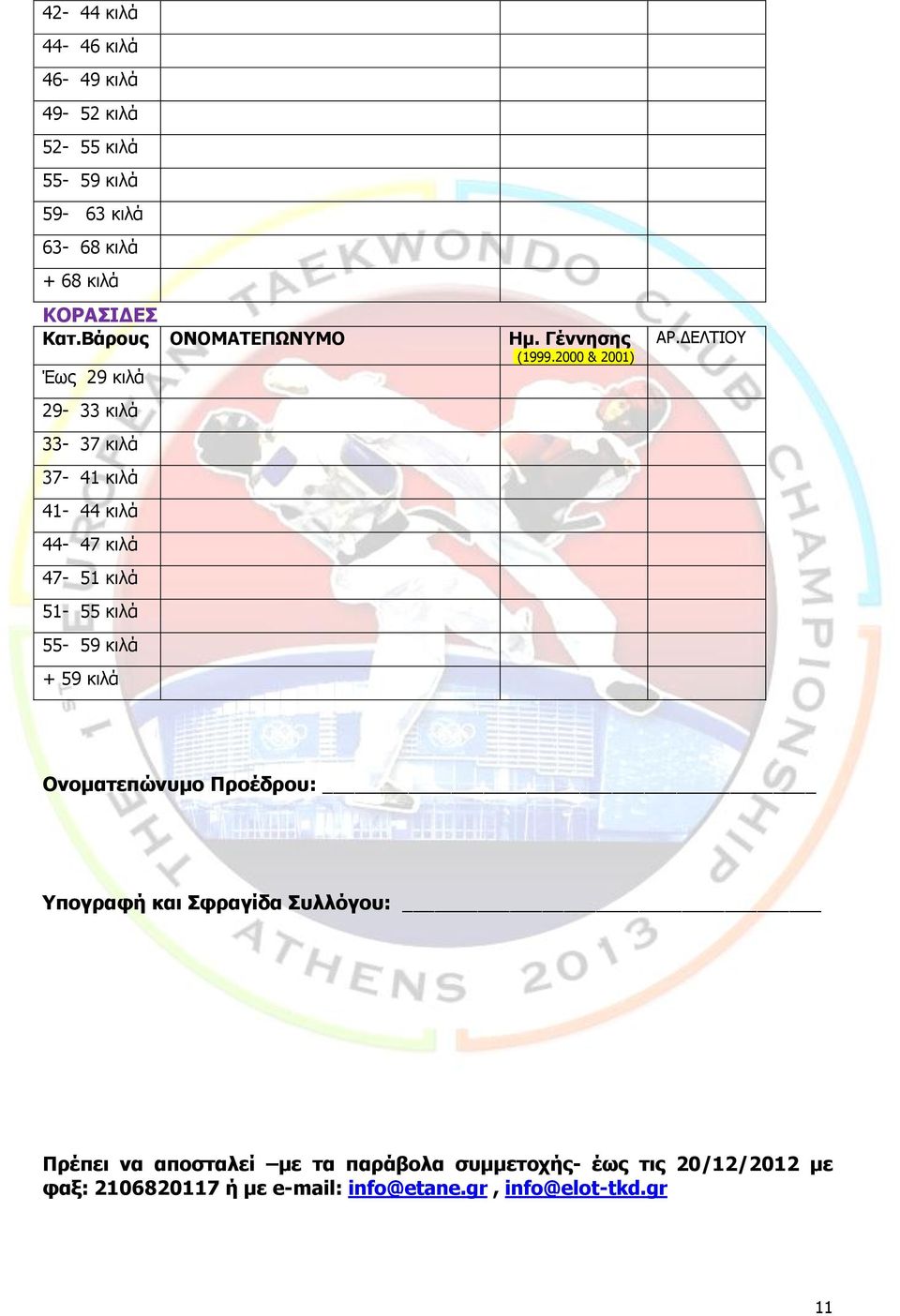 2000 & 2001) Έως 29 κιλά 29-33 κιλά 33-37 κιλά 37-41 κιλά 41-44 κιλά 44-47 κιλά 47-51 κιλά 51-55 κιλά 55-59 κιλά + 59