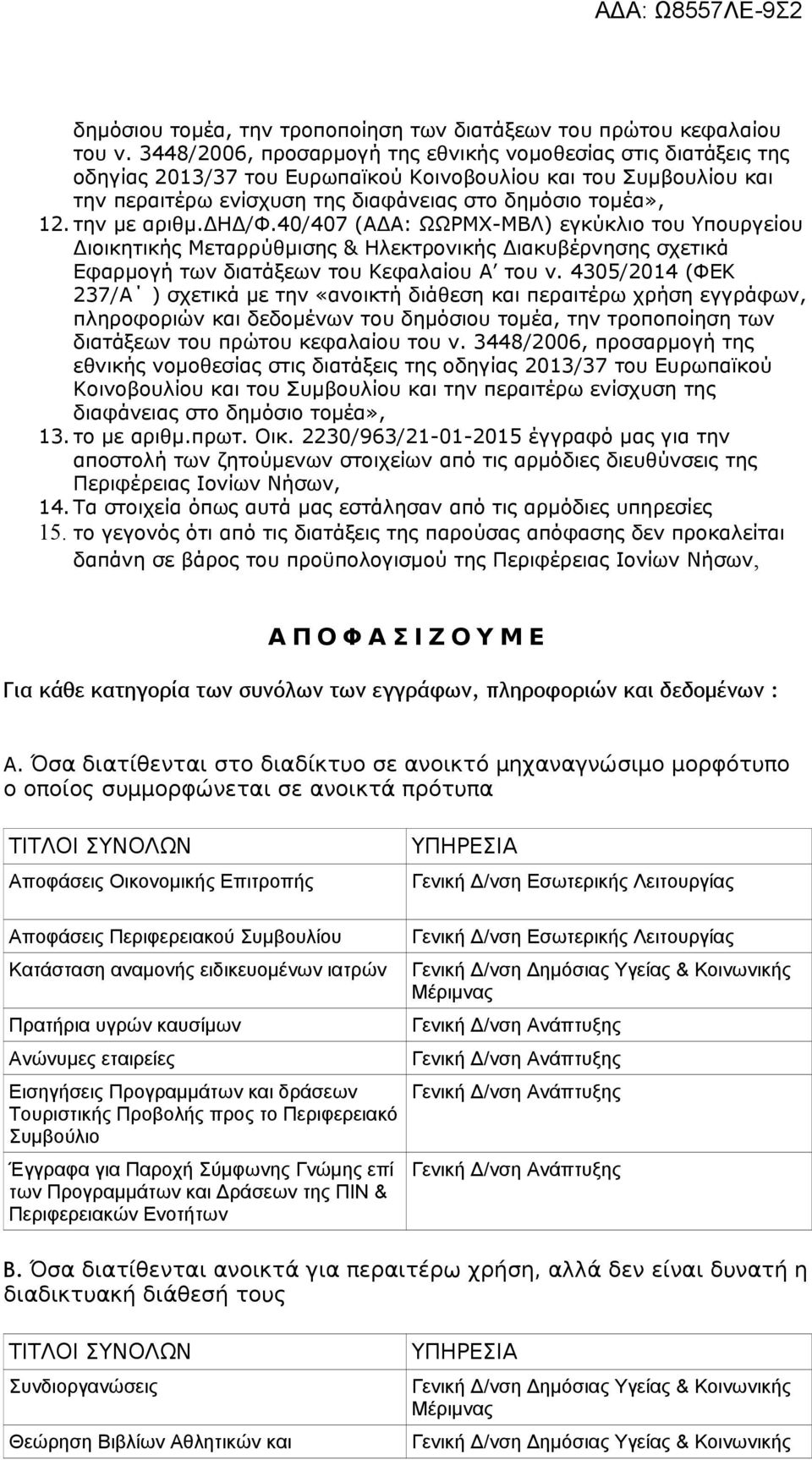 την με αριθμ.δηδ/φ.40/407 (ΑΔΑ: ΩΩΡΜΧ-ΜΒΛ) εγκύκλιο του Υπουργείου Διοικητικής Μεταρρύθμισης & Ηλεκτρονικής Διακυβέρνησης σχετικά Εφαρμογή των διατάξεων του Κεφαλαίου Α του ν.