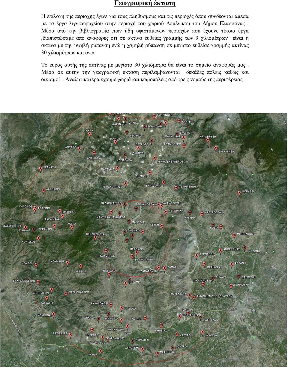 Μέσα από την βιβλιογραφία,των ήδη υφιστάμενων περιοχών που έχουνε τέτοια έργα,διαπιστώσαμε από αναφορές ότι σε ακτίνα ευθείας γραμμής των 9 χιλιομέτρων είναι η ακτίνα με την