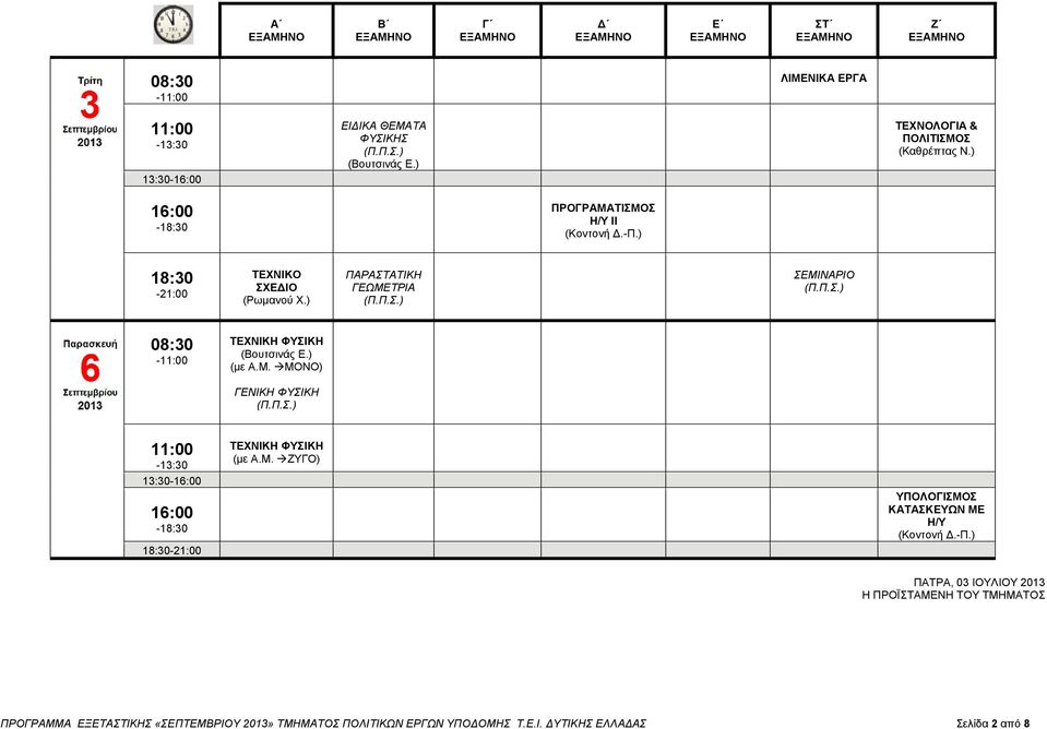) ΠΑΡΑΣΤΑΤΙΚΗ ΓΕΩΜΕΤΡΙΑ ΣΕΜΙΝΑΡΙΟ - ΤΕΧΝΙΚΗ ΦΥΣΙΚΗ (Βουτσινάς Ε.) (με Α.Μ. ΜΟΝΟ) ΓΕΝΙΚΗ ΦΥΣΙΚΗ 13:30- ΤΕΧΝΙΚΗ ΦΥΣΙΚΗ (με Α.