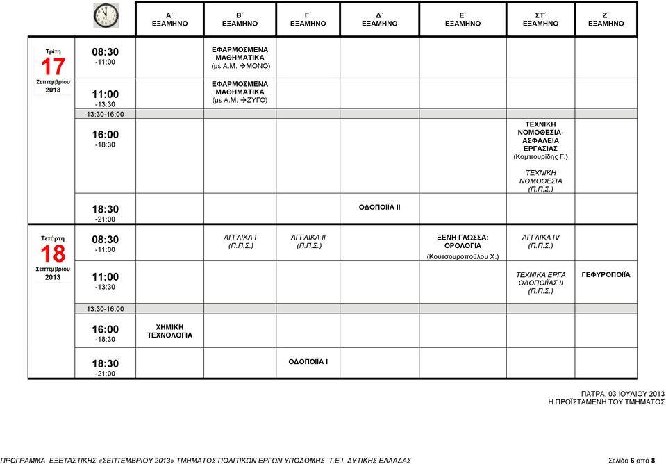 ) ΑΓΓΛΙΚΑ IV ΤΕΧΝΙΚΑ Ο ΟΠΟΙΪΑΣ ΙΙ ΓΕΦΥΡΟΠΟΙΪΑ 13:30- ΧΗΜΙΚΗ ΤΕΧΝΟΛΟΓΙΑ Ο ΟΠΟΙΪΑ Ι ΠΡΟΓΡΑΜΜΑ ΕΞΕΤΑΣΤΙΚΗΣ