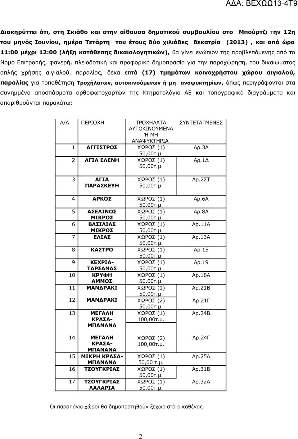 δέκα επτά (17) τµηµάτων κοινοχρήστου χώρου αιγιαλού, παραλίας για τοποθέτηση Τροχήλατων, αυτοκινούµενων ή µη αναψυκτηρίων, όπως περιγράφονται στα συνηµµένα αποσπάσµατα ορθοφωτοχαρτών της Κτηµατολόγιο