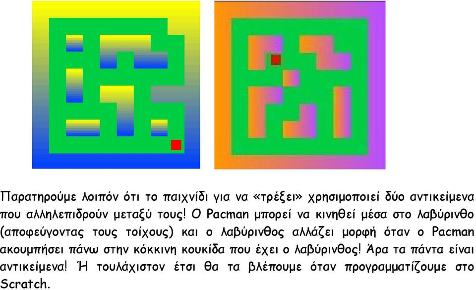Ο Pacman μπορεί να κινηθεί μέσα στο λαβύρινθο (αποφεύγοντας τους τοίχους) και ο λαβύρινθος
