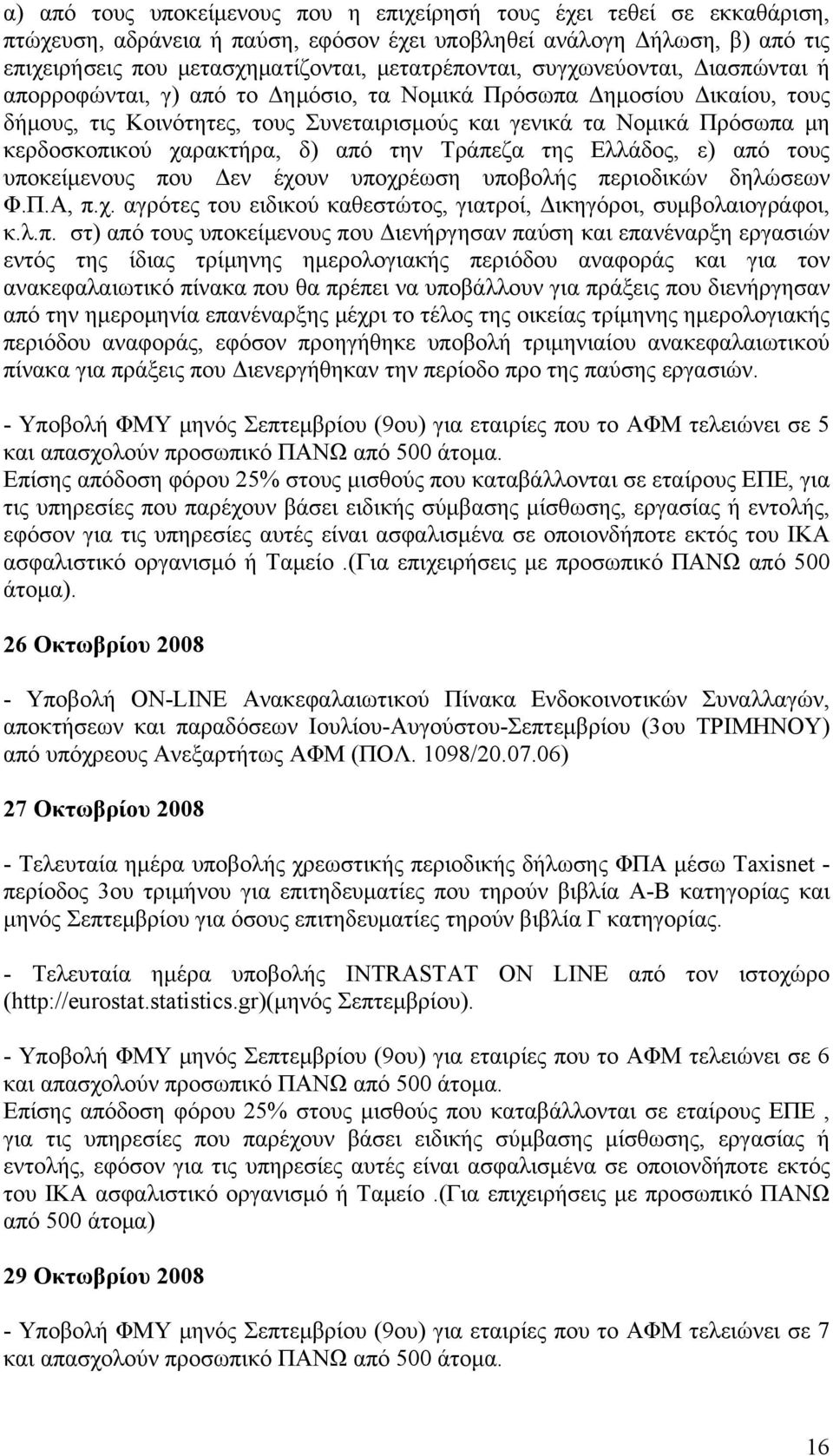 κερδοσκοπικού χαρακτήρα, δ) από την Τράπεζα της Ελλάδος, ε) από τους υποκείμενους που Δεν έχουν υποχρέωση υποβολής περιοδικών δηλώσεων Φ.Π.Α, π.χ. αγρότες του ειδικού καθεστώτος, γιατροί, Δικηγόροι, συμβολαιογράφοι, κ.