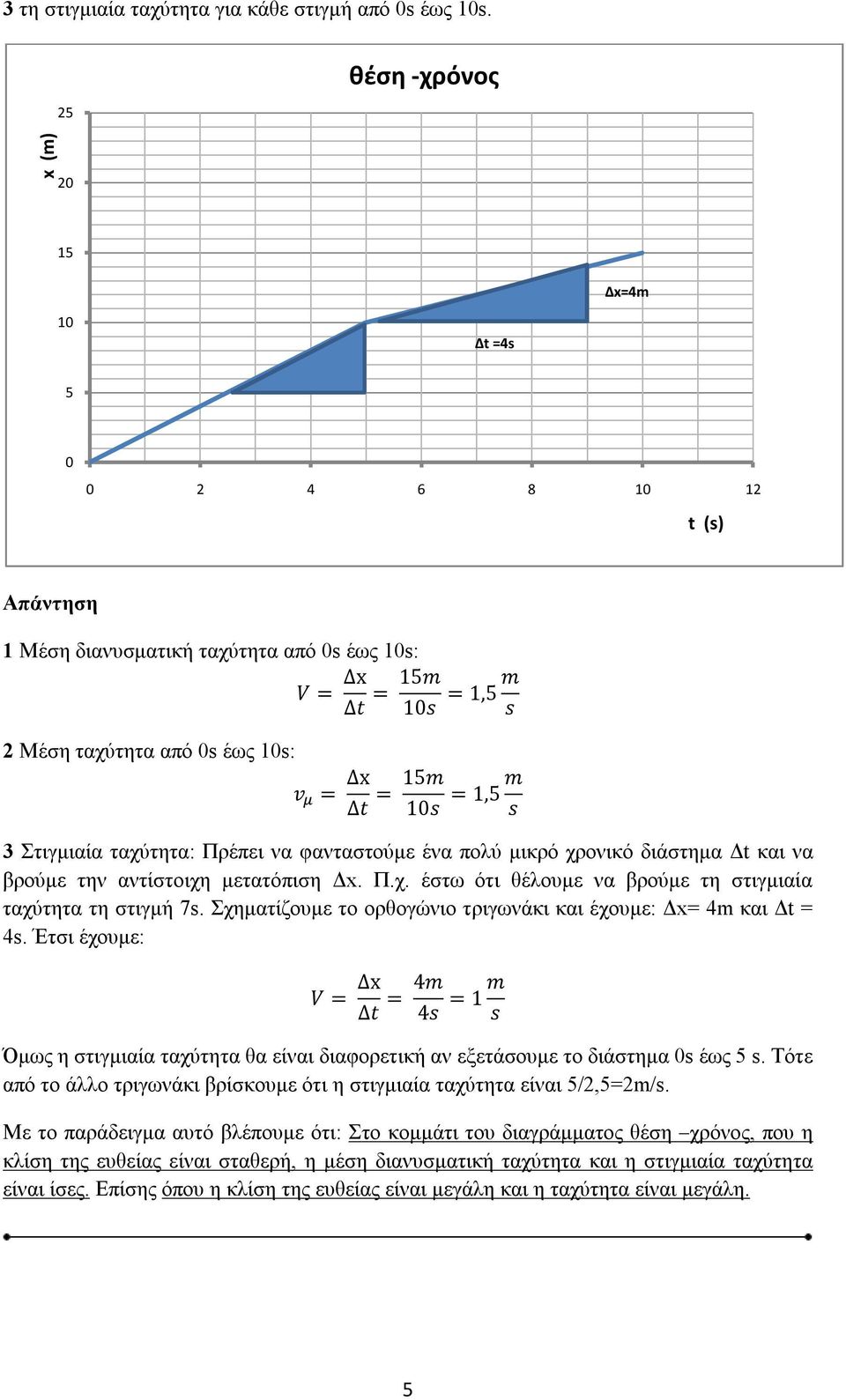 διάστημα Δt και να βρούμε την αντίστοιχη μετατόπιση Δx. Π.χ. έστω ότι θέλουμε να βρούμε τη στιγμιαία ταχύτητα τη στιγμή 7s. Σχηματίζουμε το ορθογώνιο τριγωνάκι και έχουμε: Δx= 4m και Δt = 4s.