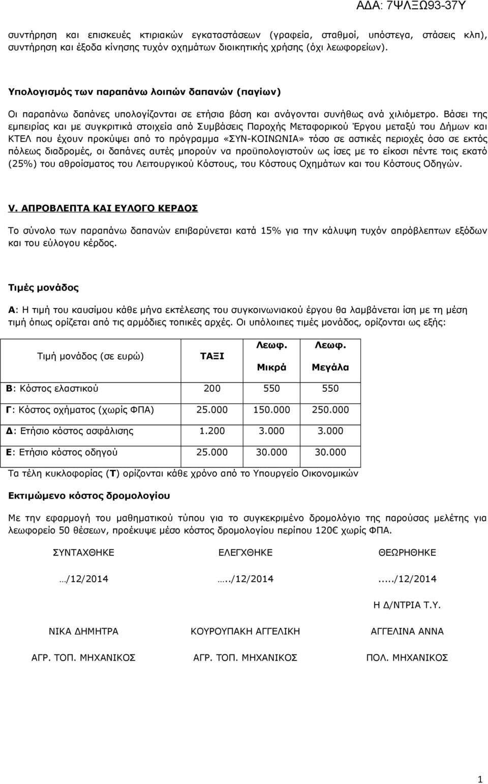 Βάσει της εμπειρίας και με συγκριτικά στοιχεία από Συμβάσεις Παροχής Μεταφορικού Έργου μεταξύ του Δήμων και ΚΤΕΛ που έχουν προκύψει από το πρόγραμμα «ΣΥΝ-ΚΟΙΝΩΝΙΑ» τόσο σε αστικές περιοχές όσο σε