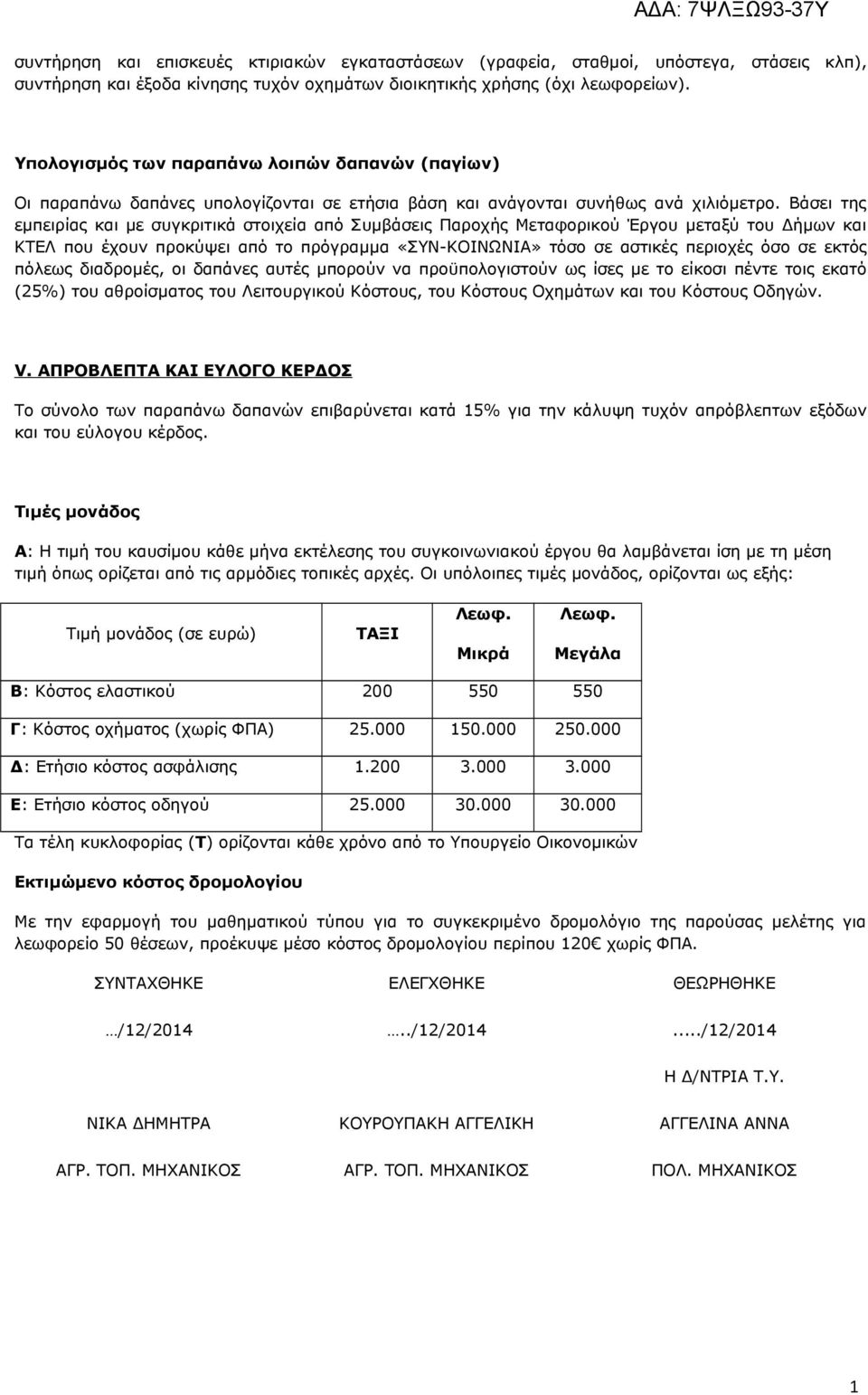 Βάσει της εμπειρίας και με συγκριτικά στοιχεία από Συμβάσεις Παροχής Μεταφορικού Έργου μεταξύ του Δήμων και ΚΤΕΛ που έχουν προκύψει από το πρόγραμμα «ΣΥΝ-ΚΟΙΝΩΝΙΑ» τόσο σε αστικές περιοχές όσο σε