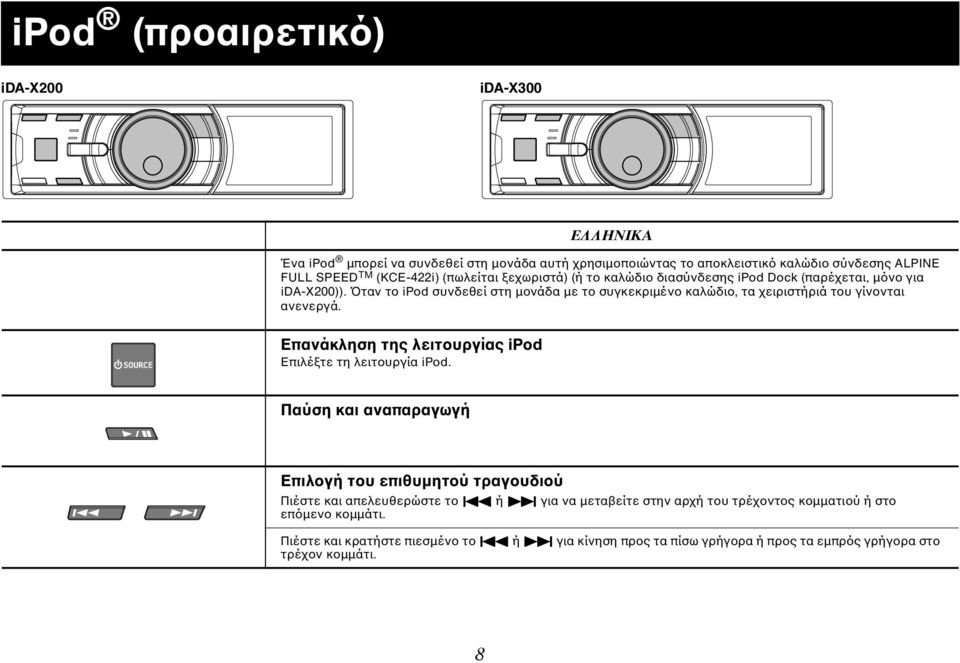 Όταν το ipod συνδεθεί στη µονάδα µε το συγκεκριµένο καλώδιο, τα χειριστήριά του γίνονται ανενεργά. Επανάκληση της λειτουργίας ipod Επιλέξτε τη λειτουργία ipod.