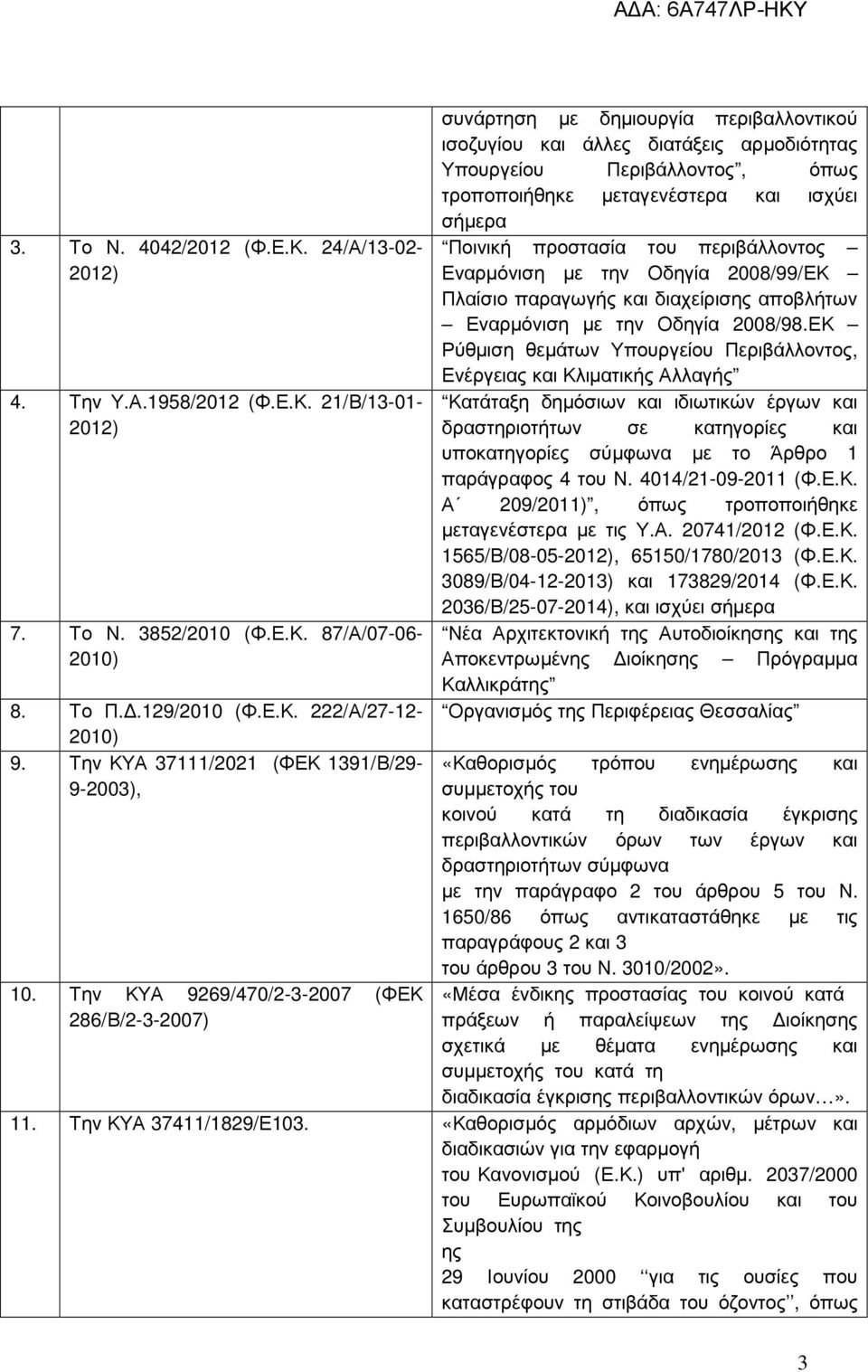 Την ΚΥΑ 9269/470/2-3-2007 (ΦΕΚ 286/Β/2-3-2007) συνάρτηση µε δηµιουργία περιβαλλοντικού ισοζυγίου και άλλες διατάξεις αρµοδιότητας Υπουργείου Περιβάλλοντος, όπως τροποποιήθηκε µεταγενέστερα και ισχύει