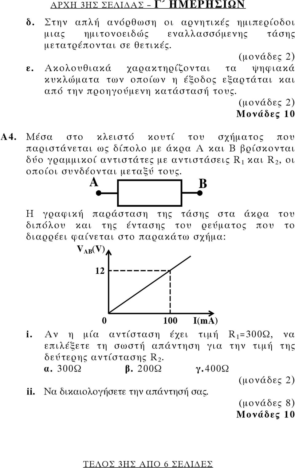 Μέσα στο κλειστό κουτί του σχήματος που παριστάνεται ως δίπολο με άκρα Α και Β βρίσκονται δύο γραμμικοί αντιστάτες με αντιστάσεις R 1 και R 2, οι οποίοι συνδέονται μεταξύ τους.