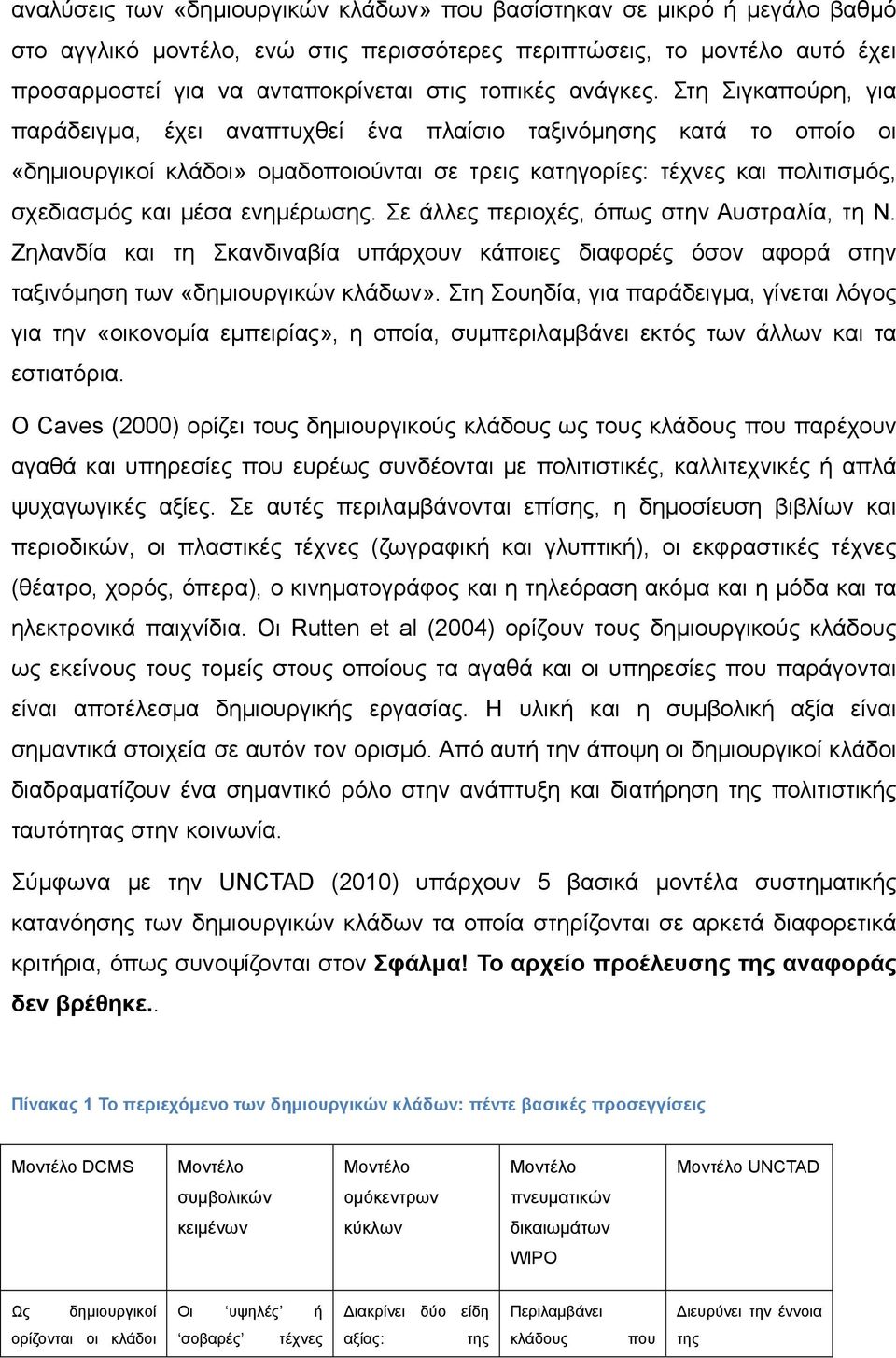 Στη Σιγκαπούρη, για παράδειγμα, έχει αναπτυχθεί ένα πλαίσιο ταξινόμησης κατά το οποίο οι «δημιουργικοί κλάδοι» ομαδοποιούνται σε τρεις κατηγορίες: τέχνες και πολιτισμός, σχεδιασμός και μέσα