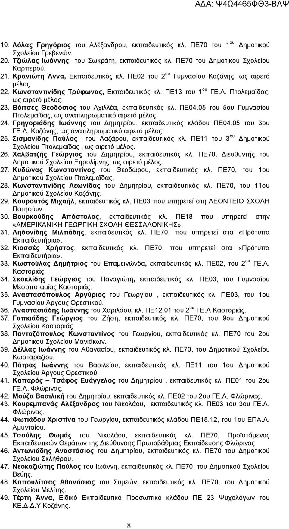 Βόιτσες Θεοδόσιος του Αχιλλέα, εκπαιδευτικός κλ. ΠΕ04.05 του 5ου Γυμνασίου Πτολεμαΐδας, ως αναπληρωματικό αιρετό μέλος. 24. Γρηγοριάδης Ιωάννης του Δημητρίου, εκπαιδευτικός κλάδου ΠΕ04.05 του 3ου ΓΕ.