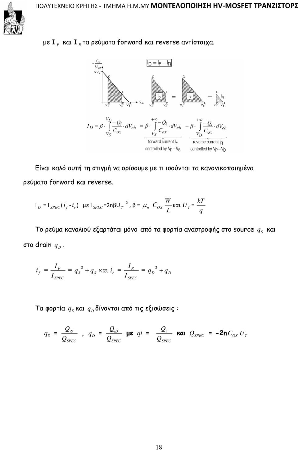 2 I = I ( i i ) με I =2nβU T, β = D SPEC f r SPEC μ n COX W και U T = L kt q Το ρεύμα καναλιού εξαρτάται μόνο από τα φορτία