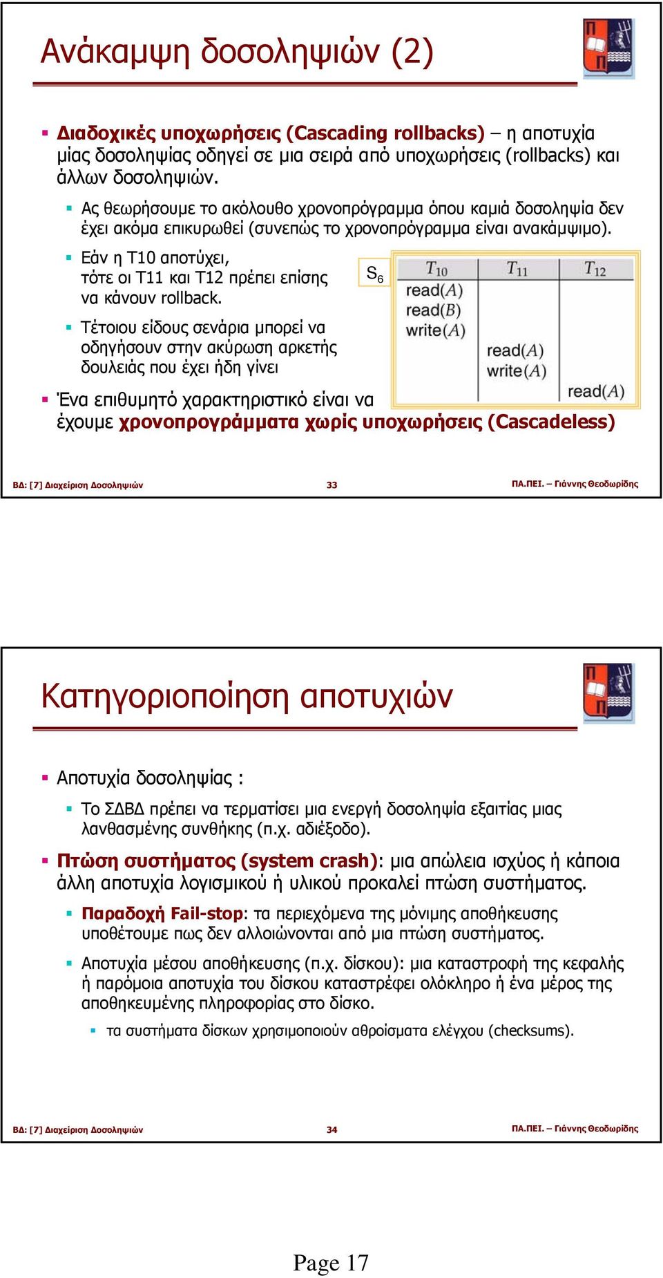 Εάν η T10 αποτύχει, τότε οι T11 και T12 πρέπει επίσης S 6 να κάνουν rollback.