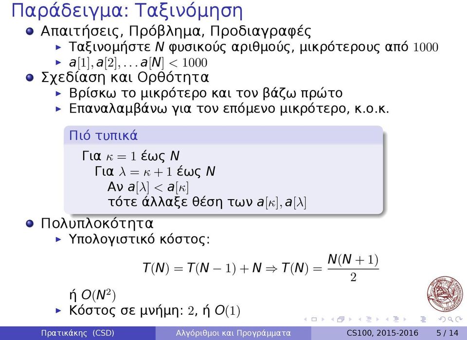 Για κ = 1 έως N Για λ = κ + 1 έως N Αν a[λ] < a[κ] τότε άλλαξε θέση των a[κ], a[λ] Πολυπλοκότητα Υπολογιστικό κόστος: T(N) =