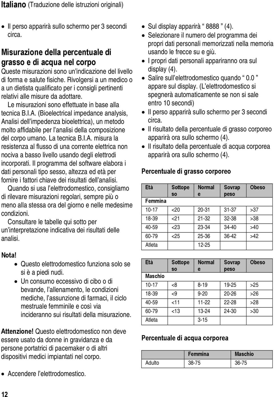 Rivolgersi a un medico o a un dietista qualificato per i consigli pertinenti relativi alle misure da adottare. Le misurazioni sono effettuate in base alla tecnica B.I.A.