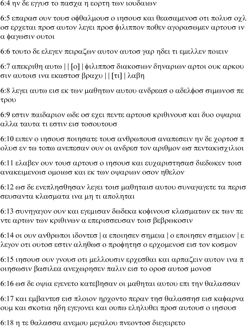 μαθητων αυτου ανδρεασ ο αδελφοσ σιμωνοσ πε τρου 6:9 εστιν παιδαριον ωδε οσ εχει πεντε αρτουσ κριθινουσ και δυο οψαρια αλλα ταυτα τι εστιν εισ τοσουτουσ 6:10 ειπεν ο ιησουσ ποιησατε τουσ ανθρωπουσ