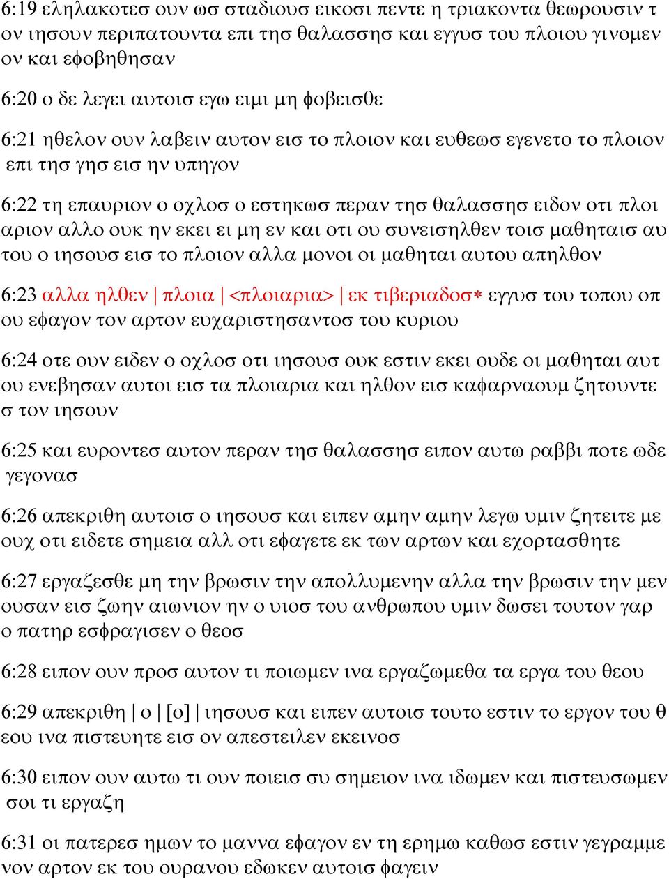 και οτι ου συνεισηλθεν τοισ μαθηταισ αυ του ο ιησουσ εισ το πλοιον αλλα μονοι οι μαθηται αυτου απηλθον 6:23 αλλα ηλθεν πλοια <πλοιαρια> εκ τιβεριαδοσ εγγυσ του τοπου οπ ου εφαγον τον αρτον