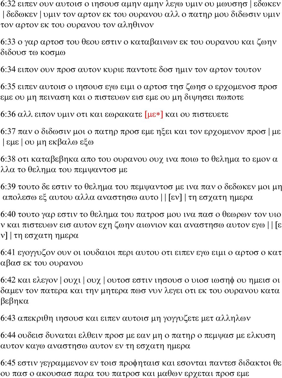 ου μη πειναση και ο πιστευων εισ εμε ου μη διψησει πωποτε 6:36 αλλ ειπον υμιν οτι και εωρακατε [με ] και ου πιστευετε 6:37 παν ο διδωσιν μοι ο πατηρ προσ εμε ηξει και τον ερχομενον προσ με εμε ου μη