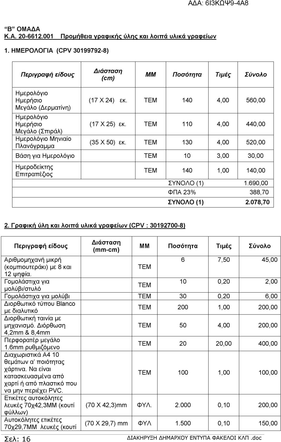 ΤΕΜ 140 4,00 560,00 (17 Χ 25) εκ. ΤΕΜ 110 4,00 440,00 (35 Χ 50) εκ. ΤΕΜ 130 4,00 520,00 Βάση για Ημερολόγιο ΤΕΜ 10 3,00 30,00 Ημεροδείκτης Επιτραπέζιος ΤΕΜ 140 1,00 140,00 ΣΥΝΟΛΟ (1) 1.