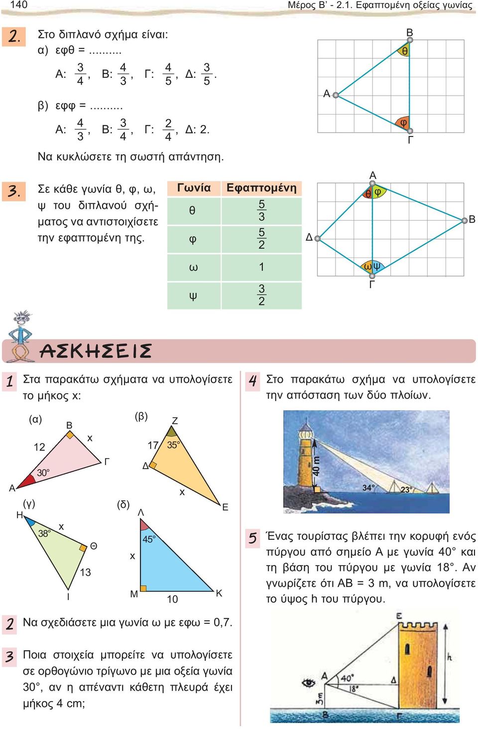 ωνία θ φ Εφαπτομένη A θ φ ω ψ ωψ π Στα παρακάτω σχήματα να υπολογίσετε το μήκος x: (γ) Η (α) (β) x 7 0 8 x Ι Θ (δ) x Μ Λ 4 Ζ 0 x Κ Ε 4 Στο παρακάτω σχήμα να υπολογίσετε την απόσταση των δύο