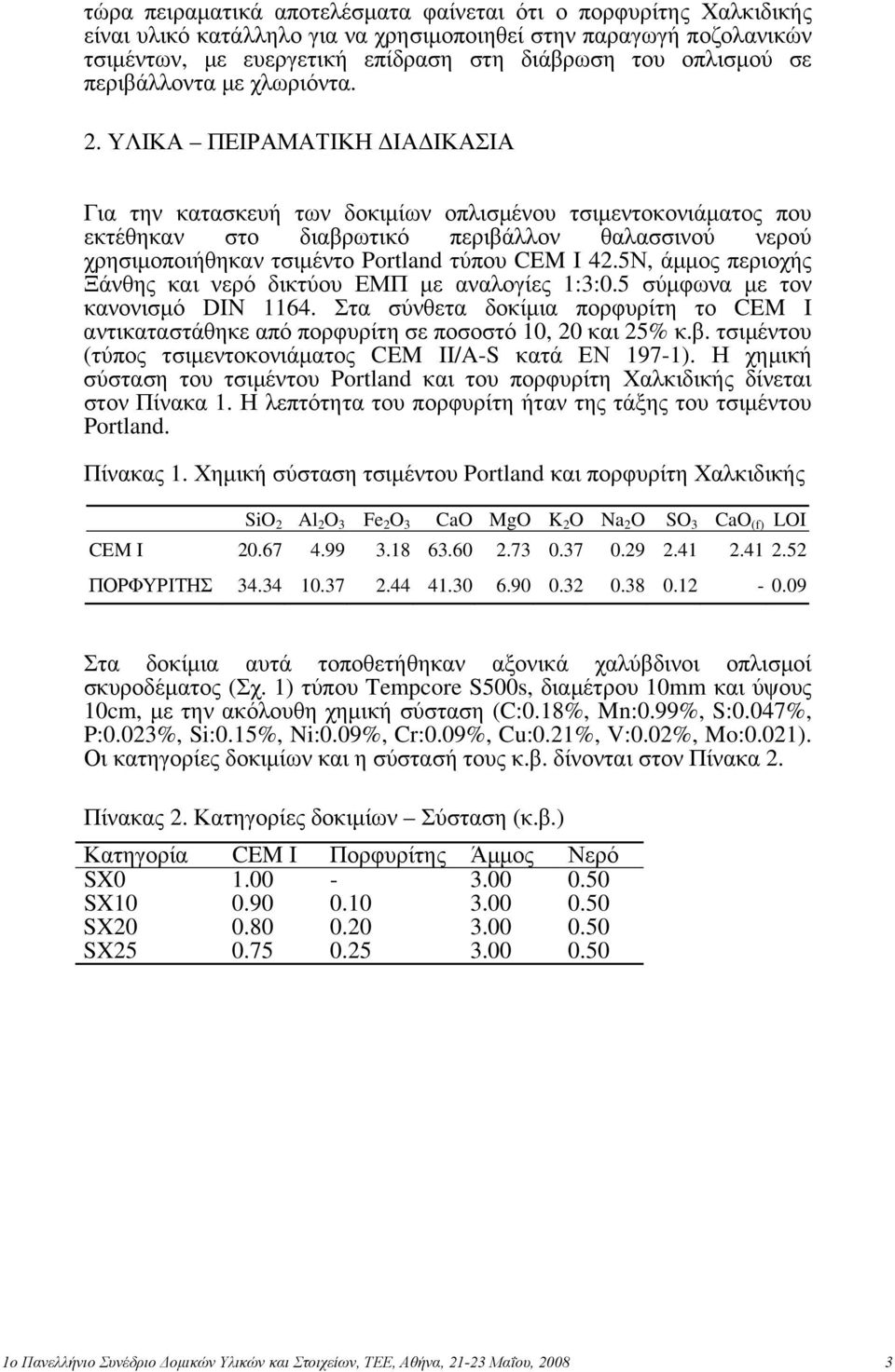 ΥΛΙΚΑ ΠΕΙΡΑΜΑΤΙΚΗ ΔΙΑΔΙΚΑΣΙΑ Για την κατασκευή των δοκιμίων οπλισμένου τσιμεντοκονιάματος που εκτέθηκαν στο διαβρωτικό περιβάλλον θαλασσινού νερού χρησιμοποιήθηκαν τσιμέντο Portland τύπου CEM Ι 42.