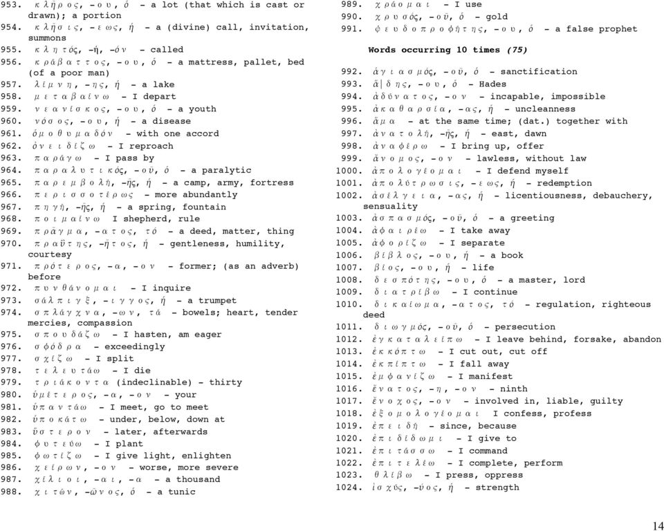 ά - I pass by 964. ός, - ῦ, ὁ - a paralytic 965. ή, -ῆς, ἡ - a camp, army, fortress 966. έ ς - more abundantly 967. ή, -ῆς, ἡ - a spring, fountain 968. ί I shepherd, rule 969.