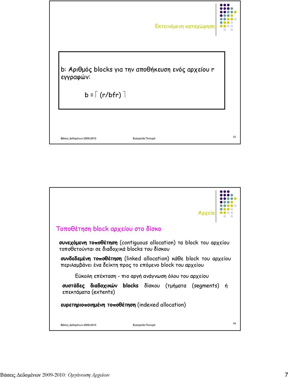 allocation) κάθε block του αρχείου περιλαμβάνει ένα δείκτη προς το επόμενο block του αρχείου Εύκολη επέκταση - πιο αργή ανάγνωση όλου του αρχείου