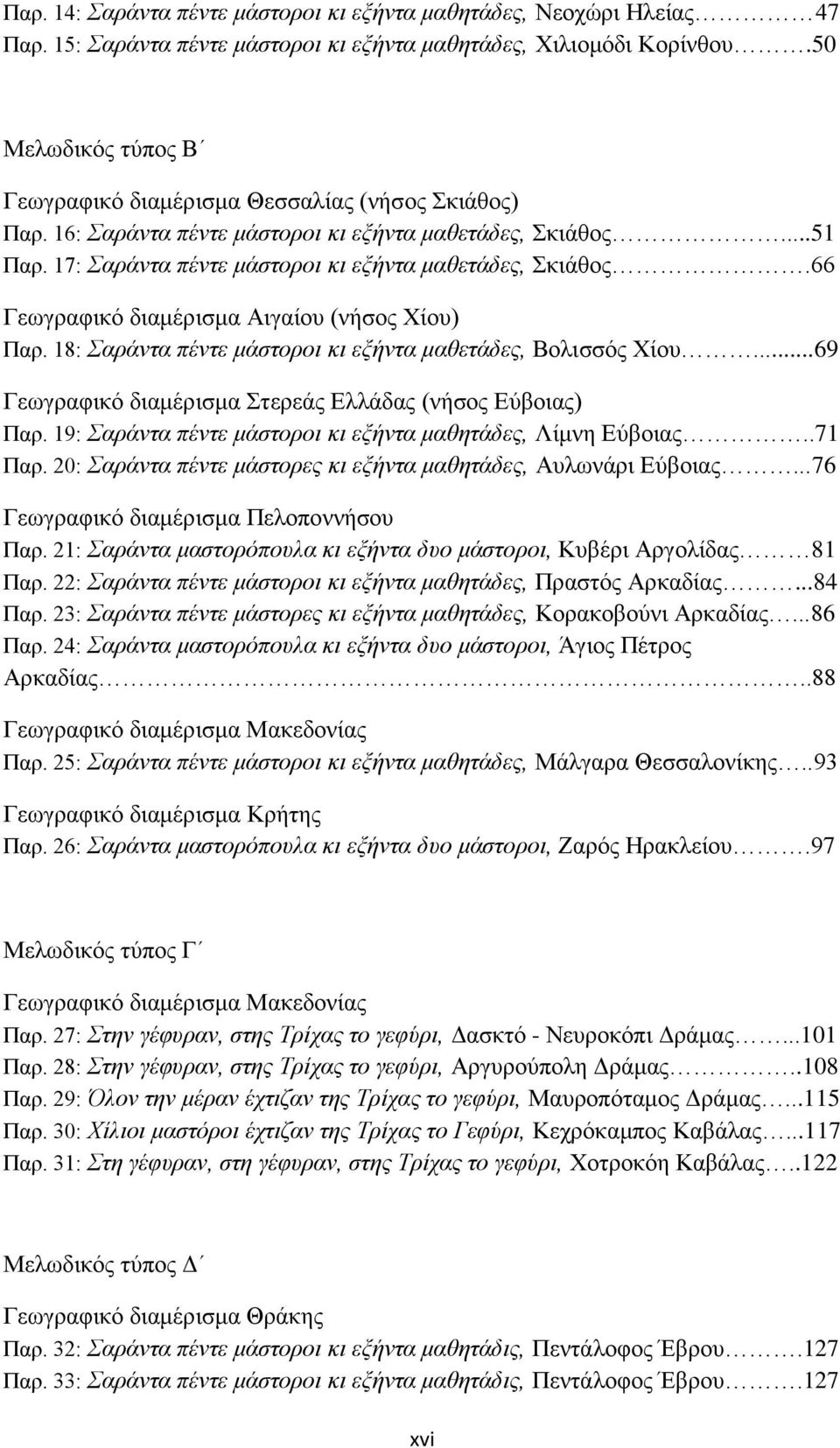 66 Γεωγραφικό διαμέρισμα Αιγαίου (νήσος Χίου) Παρ. 18: Σαράντα πέντε μάστοροι κι εξήντα μαθετάδες, Βολισσός Χίου...69 Γεωγραφικό διαμέρισμα Στερεάς Ελλάδας (νήσος Εύβοιας) Παρ.