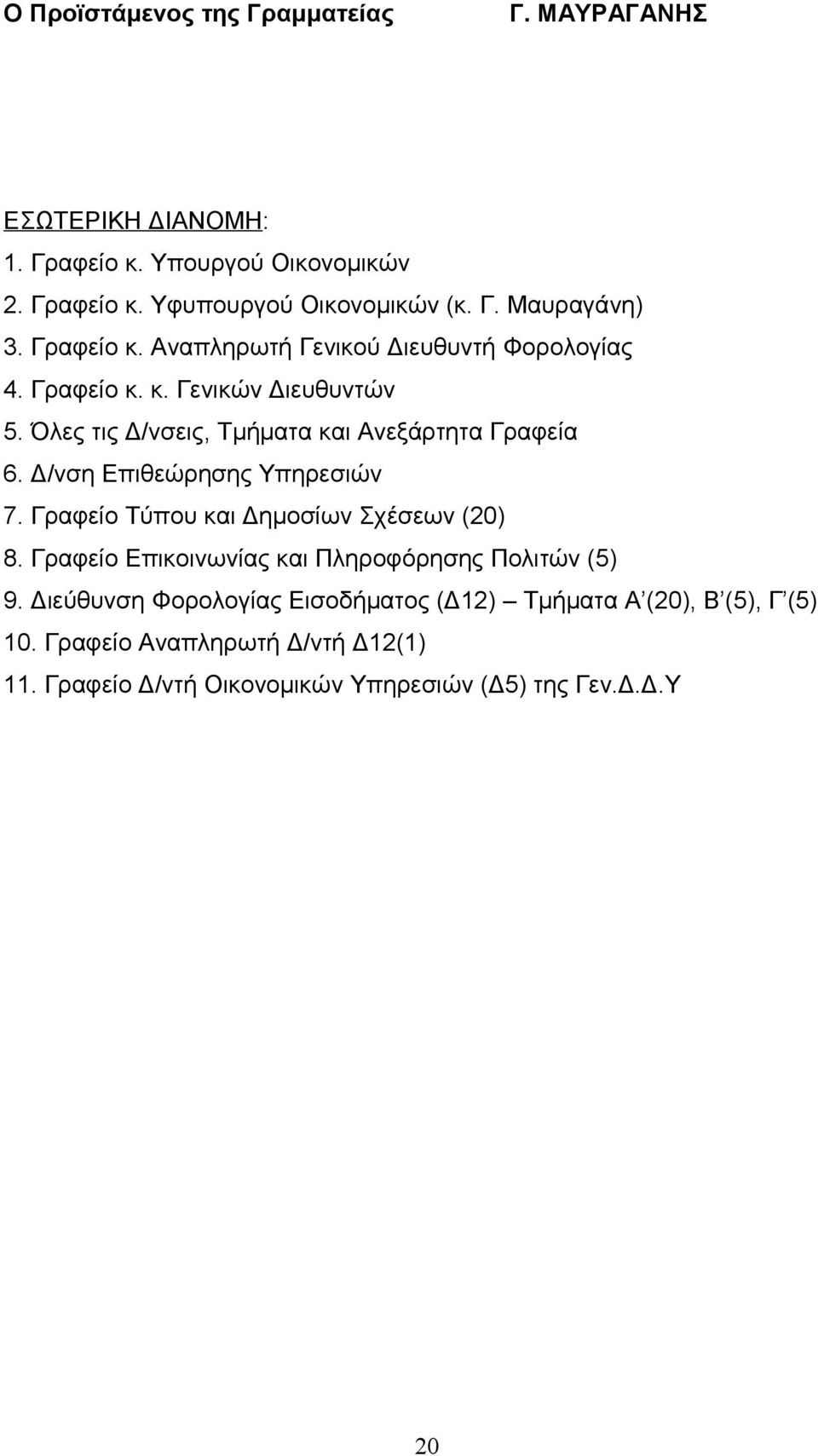 Δ/νση Επιθεώρησης Υπηρεσιών 7. Γραφείο Τύπου και Δημοσίων Σχέσεων (20) 8. Γραφείο Επικοινωνίας και Πληροφόρησης Πολιτών (5) 9.