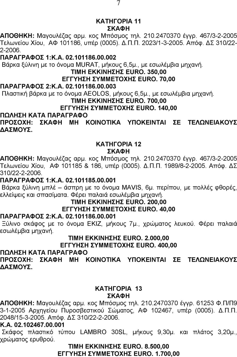 140,00 ΠΡΟΣΟΧΗ: ΜΗ ΚΟΙΝΟΤΙΚΑ ΥΠΟΚΕΙΝΤΑΙ ΣΕ ΤΕΛΩΝΕΙΑΚΟΥΣ ΚΑΤΗΓΟΡΙΑ 12 ΑΠΟΘΗΚΗ: Μαγουλέζας αρµ. κος Μπόσµος τηλ. 210.2470370 έγγρ. 467/3-2-2005 Τελωνείου Χίου, ΑΦ 101185 & 186, υπέρ (0005)..Π.Π. 1989/8-2-2005.