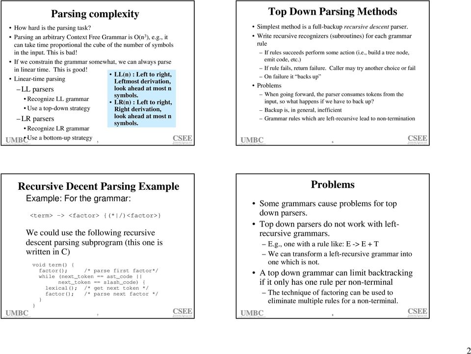 Linear-time parsing LL parsers Recognize LL grammar Use a top-down strategy LR parsers Recognize LR grammar Use a bottom-up strategy Parsing complexity 5 LL(n) : Left to right, Leftmost derivation,