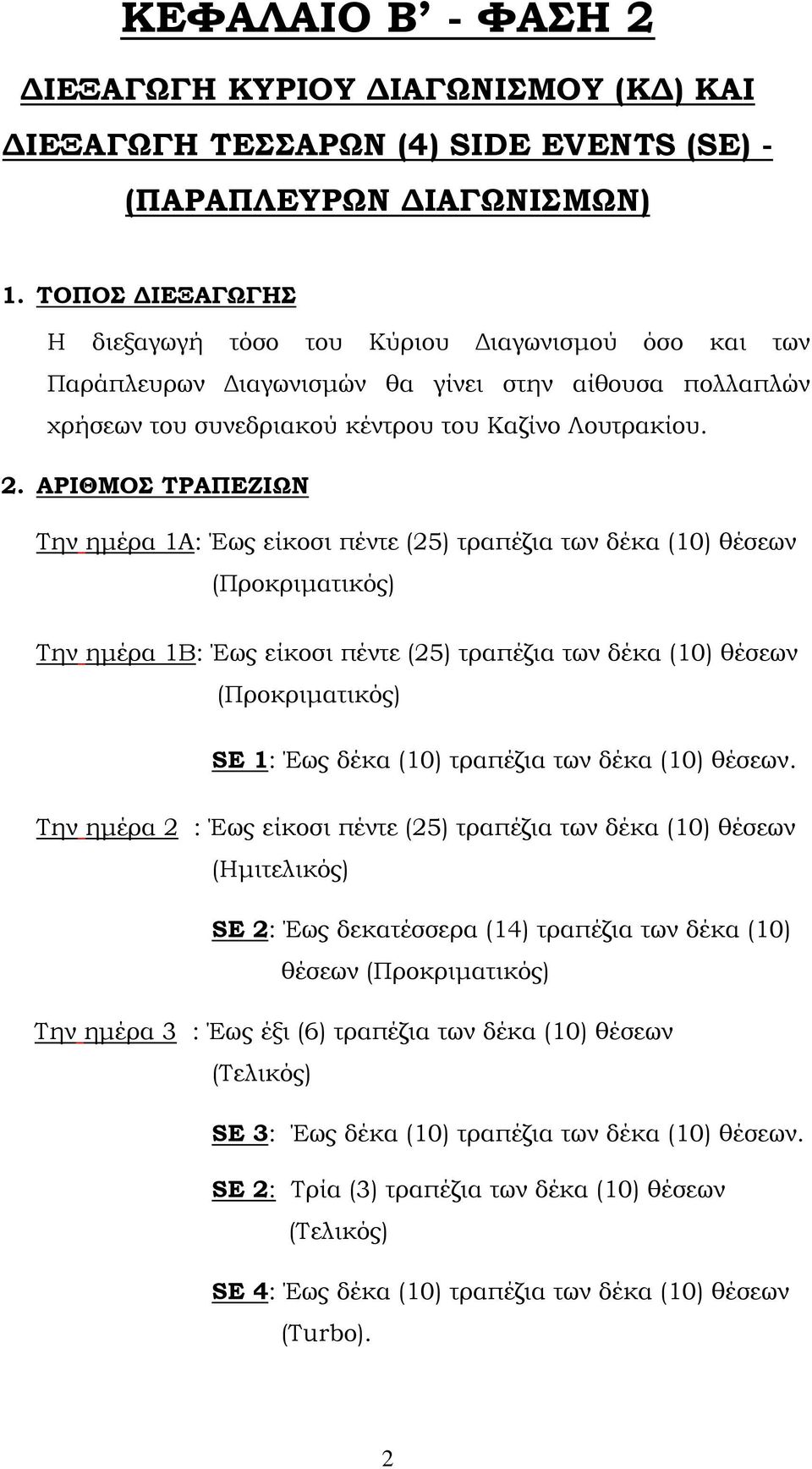 ΑΡΙΘΜΟΣ ΤΡΑΠΕΖΙΩΝ Την ημέρα 1Α: Έως είκοσι πέντε (25) τραπέζια των δέκα (10) θέσεων (Προκριματικός) Την ημέρα 1Β: Έως είκοσι πέντε (25) τραπέζια των δέκα (10) θέσεων (Προκριματικός) SE 1: Έως δέκα