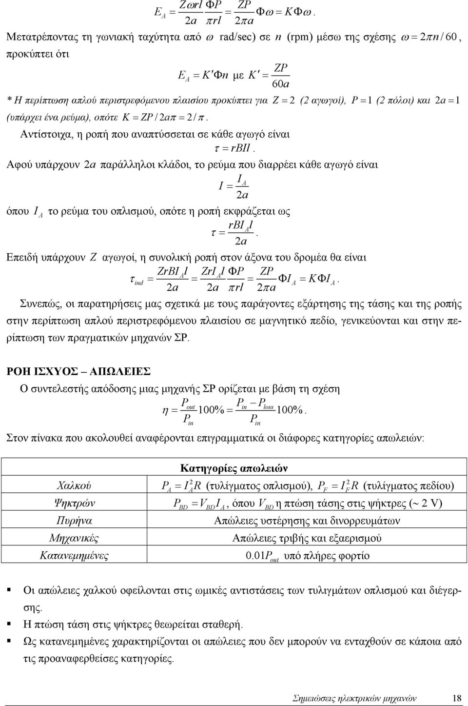 αγωγοί), = 1 ( πόλοι) και = 1 (υπάρχει ένα ρεύμα), οπότε K = Z/π = / π. Αντίστοιχα, η ροπή που αναπτύσσεται σε κάθε αγωγό είναι τ = rbil.