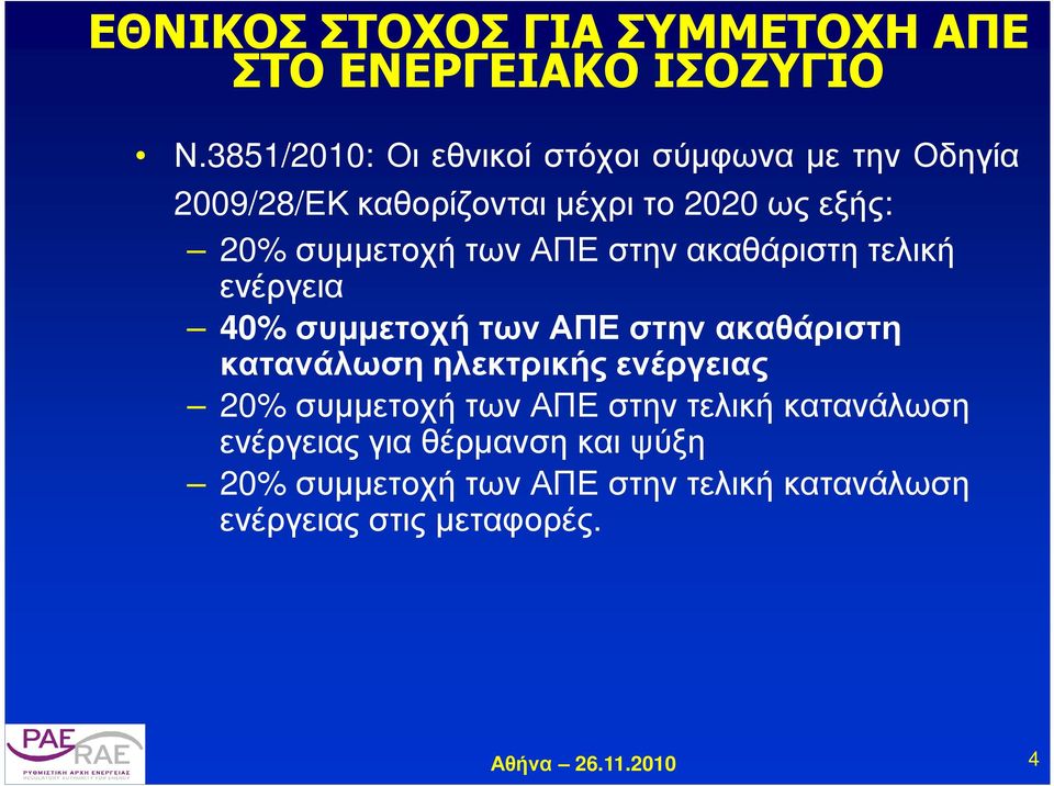 συµµετοχή των ΑΠΕ στην ακαθάριστη τελική ενέργεια 40% συµµετοχή των ΑΠΕ στην ακαθάριστη κατανάλωση