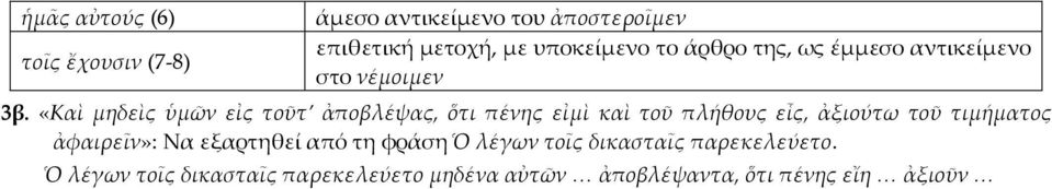 «Καὶ μηδεὶς ὑμῶν εἰς τοῦτ ἀποβλέψας, ὅτι πένης εἰμὶ καὶ τοῦ πλήθους εἷς, ἀξιούτω τοῦ τιμήματος