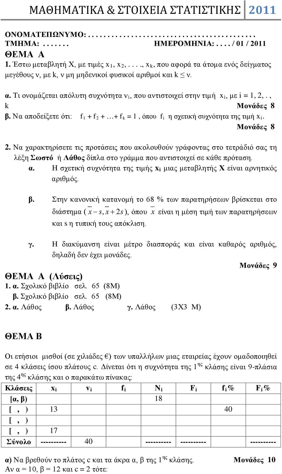 Να αποδείξετε ότι: f + f 2 + + f k =, όπου f i η σχετική συχνότητα της τιμή x i. 2. Να χαρακτηρίσετε τις προτάσεις που ακολουθούν γράφοντας στο τετράδιό σας τη λέξη Σωστό ή Λάθος δίπλα στο γράμμα που αντιστοιχεί σε κάθε πρόταση.