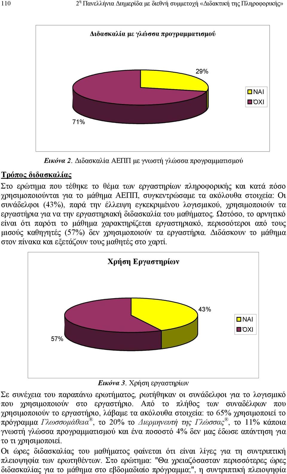 ακόλουθα στοιχεία: Οι συνάδελφοι (43%), παρά την έλλειψη εγκεκριµένου λογισµικού, χρησιµοποιούν τα εργαστήρια για να την εργαστηριακή διδασκαλία του µαθήµατος.