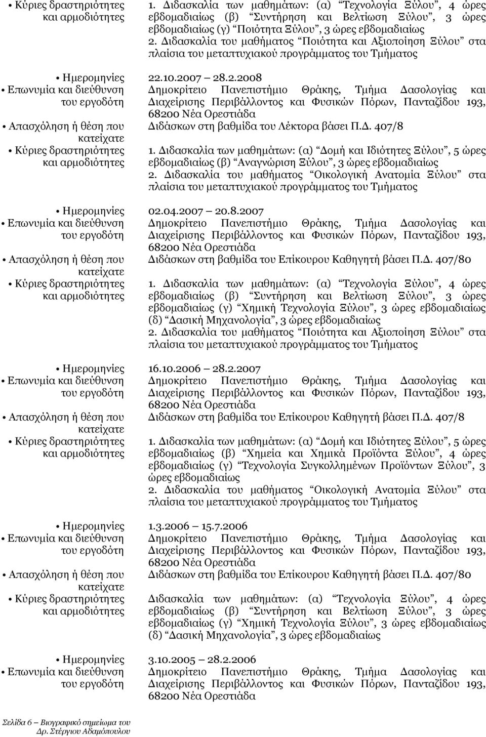 Διδασκαλία των μαθημάτων: (α) Δομή και Ιδιότητες Ξύλου, 5 ώρες εβδομαδιαίως (β) Αναγνώριση Ξύλου, 3 ώρες εβδομαδιαίως 2.