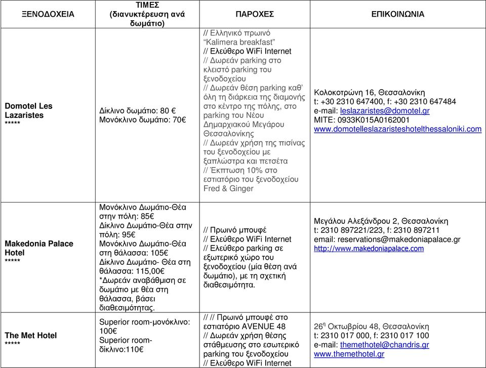 και πετσέτα // Έκπτωση 10% στο εστιατόριο του ξενοδοχείου Fred & Ginger ΕΠΙΚΟΙΝΩΝΙΑ Κολοκοτρώνη 16, Θεσσαλονίκη t: +30 2310 647400, f: +30 2310 647484 e-mail: leslazaristes@domotel.