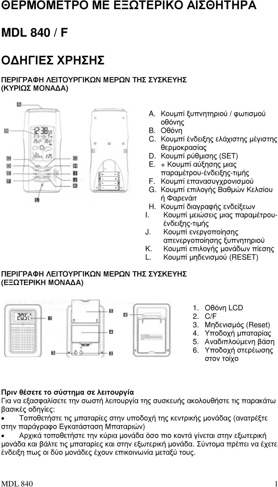 Κουµπί επανασυγχρονισµού G. Κουµπί επιλογής Βαθµών Κελσίου ή Φαρενάιτ H. Κουµπί διαγραφής ενδείξεων I. Κουµπί µειώσεις µιας παραµέτρουένδειξης-τιµής J.