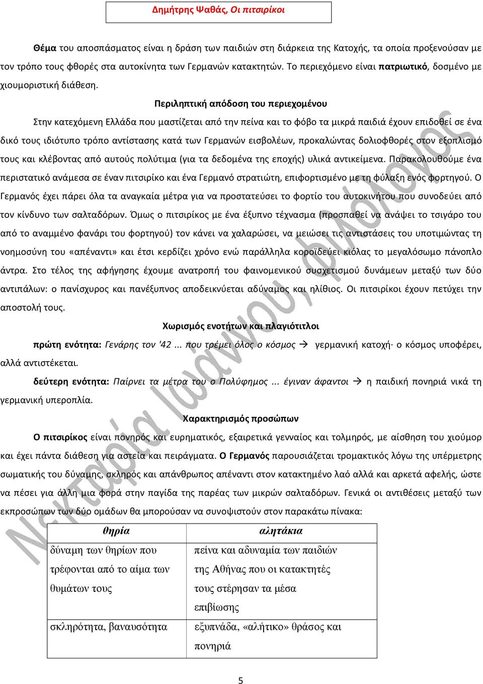 Στην κατεχόμενη Ελλάδα που μαστίζεται από την πείνα και το φόβο τα μικρά παιδιά έχουν επιδοθεί σε ένα δικό τους ιδιότυπο τρόπο αντίστασης κατά των Γερμανών εισβολέων, προκαλώντας δολιοφθορές στον