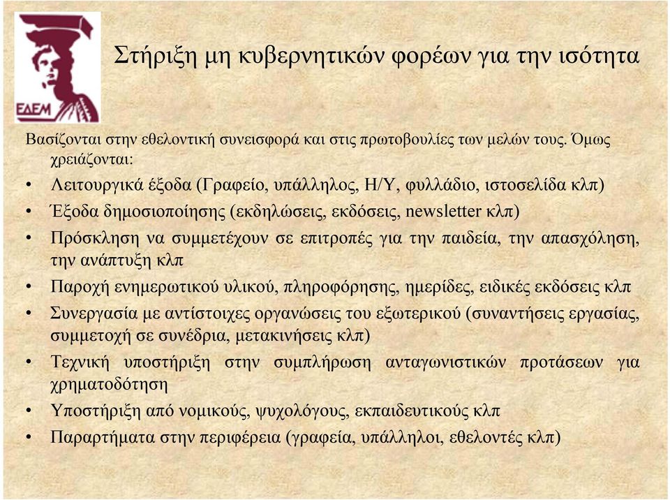 για την παιδεία, την απασχόληση, την ανάπτυξη κλπ Παροχή ενημερωτικού υλικού, πληροφόρησης, ημερίδες, ειδικές εκδόσεις κλπ Συνεργασία με αντίστοιχες οργανώσεις του εξωτερικού