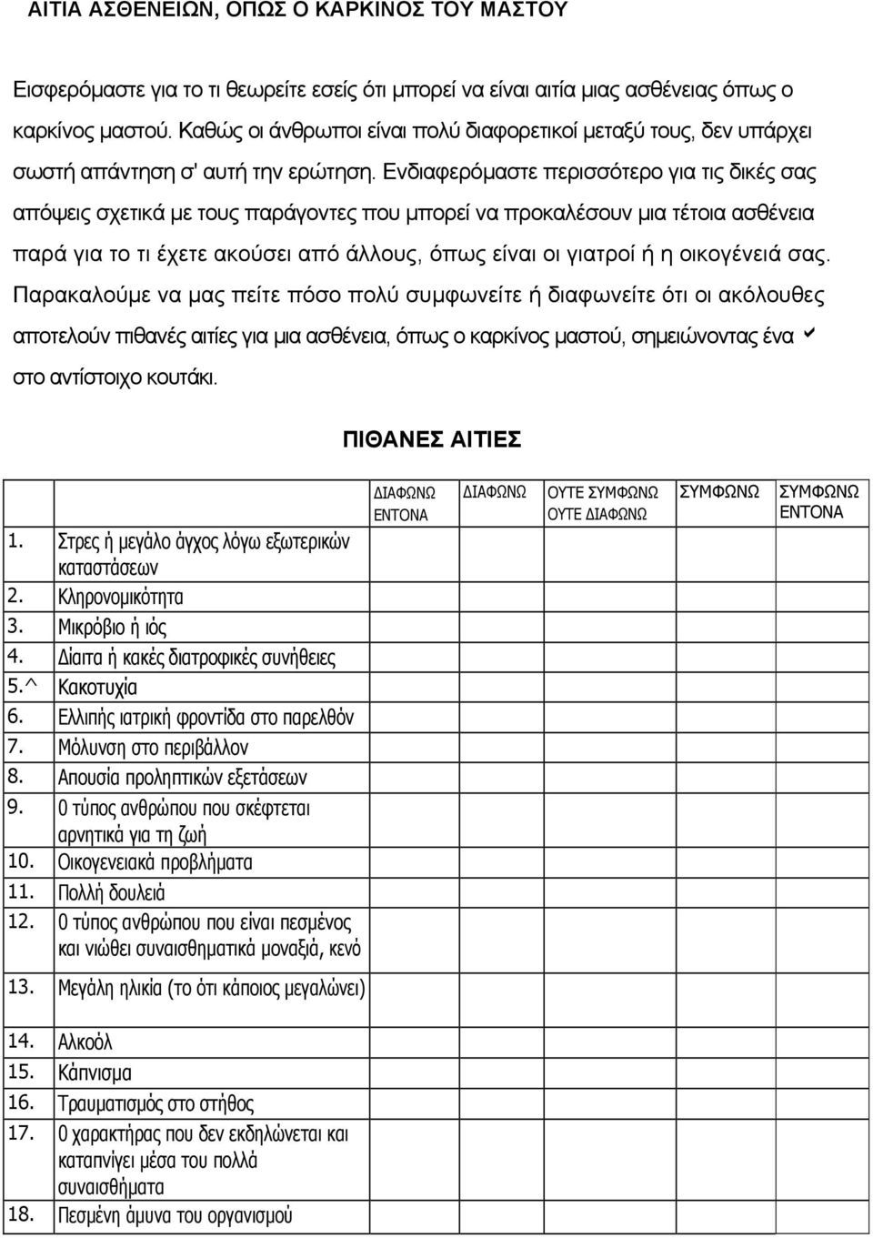 Ενδιαφερόµαστε περισσότερο για τις δικές σας απόψεις σχετικά µε τους παράγοντες που µπορεί να προκαλέσουν µια τέτοια ασθένεια παρά για το τι έχετε ακούσει από άλλους, όπως είναι οι γιατροί ή η