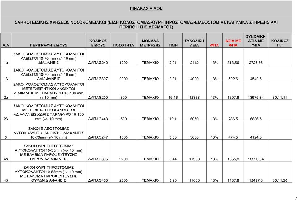 Τ 1α 1β 2α 2β 3 4α 4β ΣΑΚΟΙ ΚΟΛΟΣΤΟΜΙΑΣ ΑΥΤΟΚΟΛΛΗΤΟΙ ΚΛΕΙΣΤΟΙ 10-70 mm (+/- 10 mm) ΙΑΦΑΝΕΙΣ ΑΠΑΘ242 1200 ΤΕΜΑΧΙΟ 2,01 2412 13% 313,56 2725,56 ΣΑΚΟΙ ΚΟΛΟΣΤΟΜΙΑΣ ΑΥΤΟΚΟΛΛΗΤΟΙ ΚΛΕΙΣΤΟΙ 10-70 mm (+/- 10