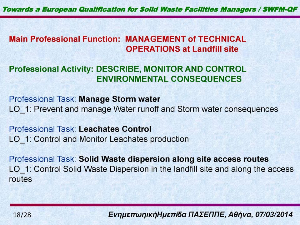 runoff and Storm water consequences Professional Task: Leachates Control LO_1: Control and Monitor Leachates production Professional Task: Solid Waste