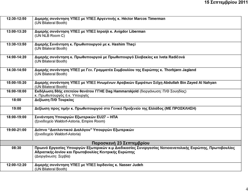 Thorbjørn Jagland 15:00-15:20 Διμερής συνάντηση ΥΠΕΞ με ΥΠΕΞ Ηνωμένων Αραβικών Εμιράτων Σεΐχη Abdullah Bin Zayed Al Nahyan 16:00-18:00 Εκδήλωση 50ής επετείου θανάτου ΓΓΗΕ Dag Hammarskjold