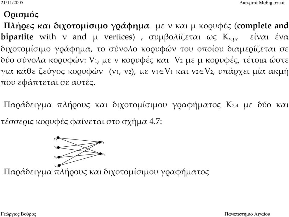 κορυφές, τέτοια ώστε για κάθε ζεύγος κορυφών (v1, v2), με v1 V1 και v2 V2, υπάρχει μία ακμή που εφάπτεται σε αυτές.